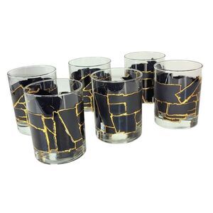 Vintage MCM Georges Briard Black 22 Kt Gold Mosaic Heavy Bottom Rocks Glass 6 Pc